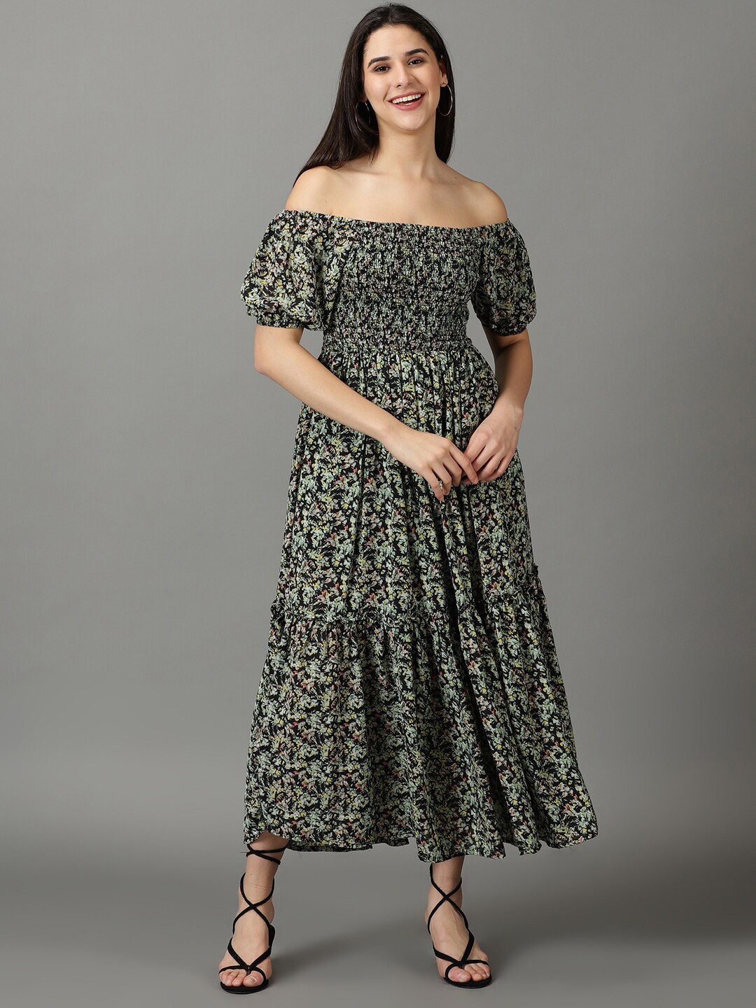 

SHOWOFF Floral Printed Off-Shoulder Smocked Chiffon Maxi Dress, Black