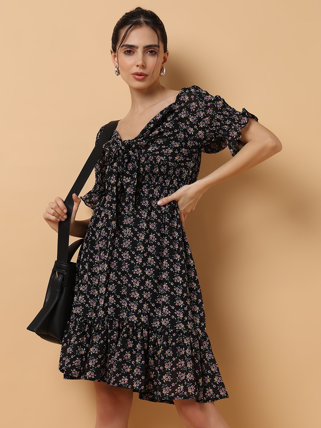 

SHOWOFF Floral Printed Off-Shoulder Tie Up Smocked Chiffon Fit & Flare Dress, Black