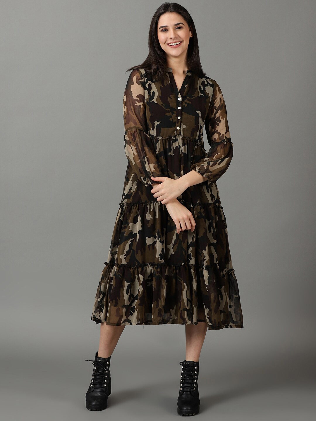 

SHOWOFF Band Collar Camouflage Printed Tiered Chiffon Maxi Dress, Olive