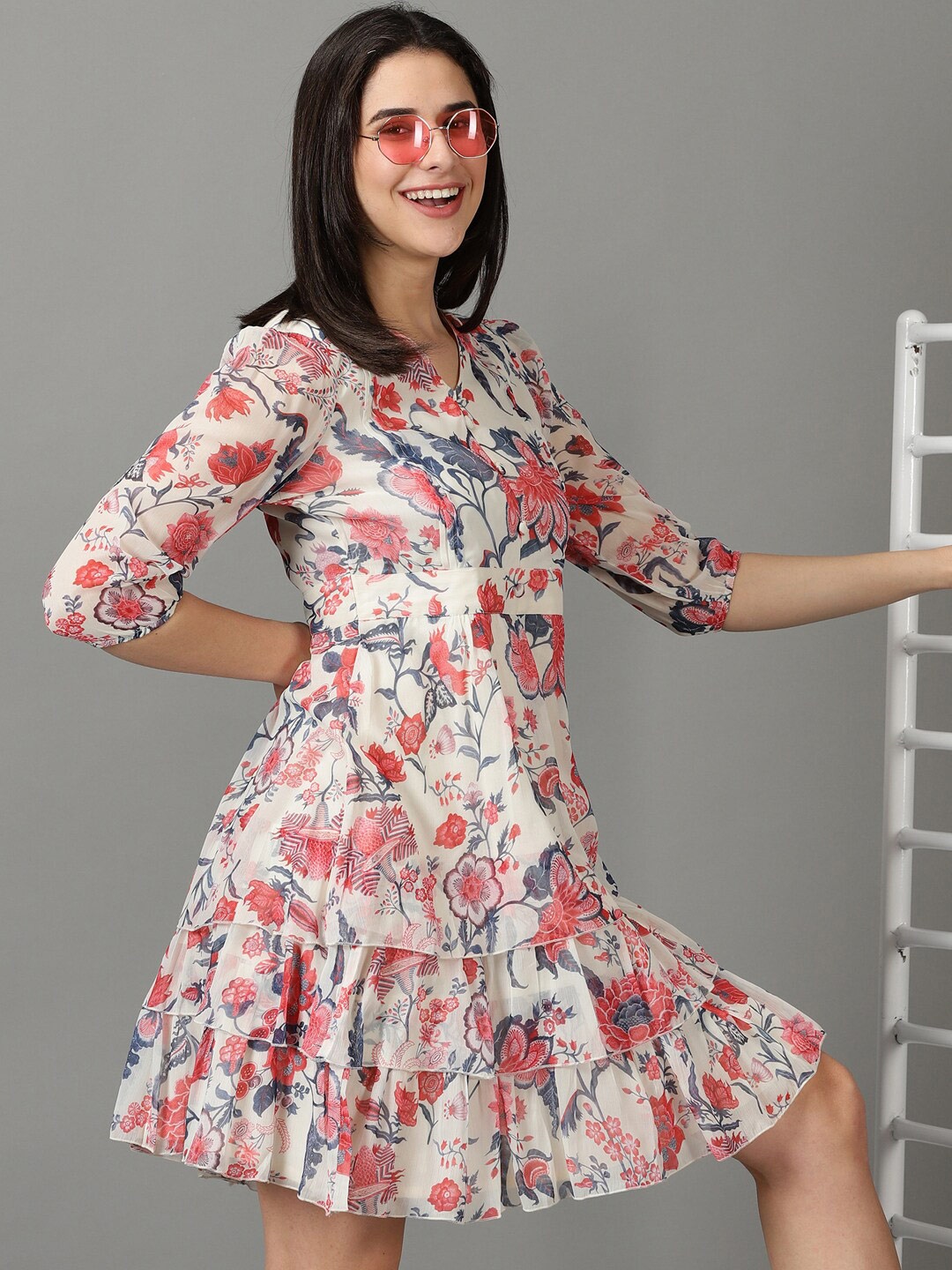 

SHOWOFF V-Neck Floral Printed Layered Chiffon A-Line Dress, Off white