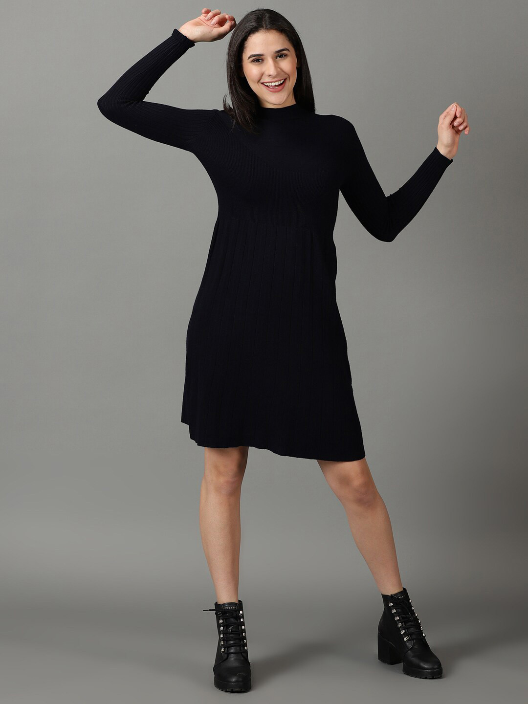 

SHOWOFF High Neck Acrylic Fit & Flare Dress, Navy blue