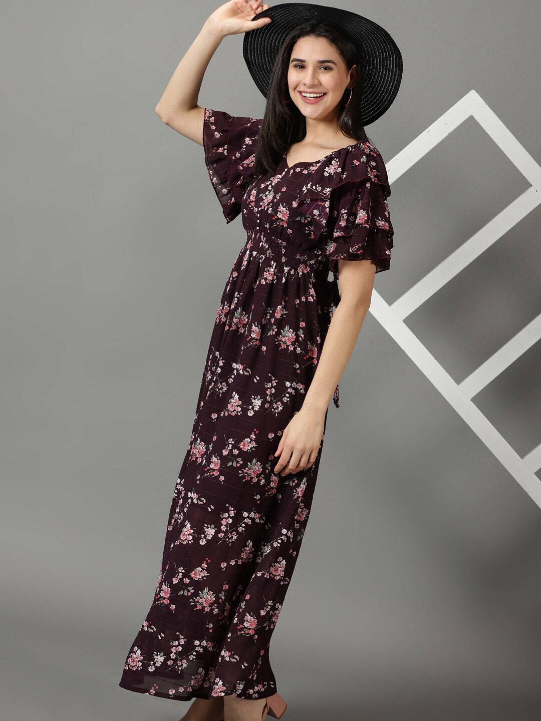 

SHOWOFF V-Neck Floral Printed Smocked Chiffon Maxi Dress, Burgundy
