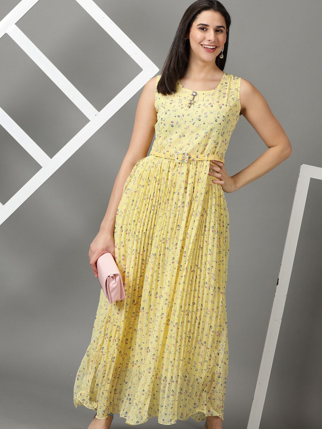 

SHOWOFF Round Neck Accordion Pleats Floral Printed Maxi Chiffon Dress With Belt, Yellow