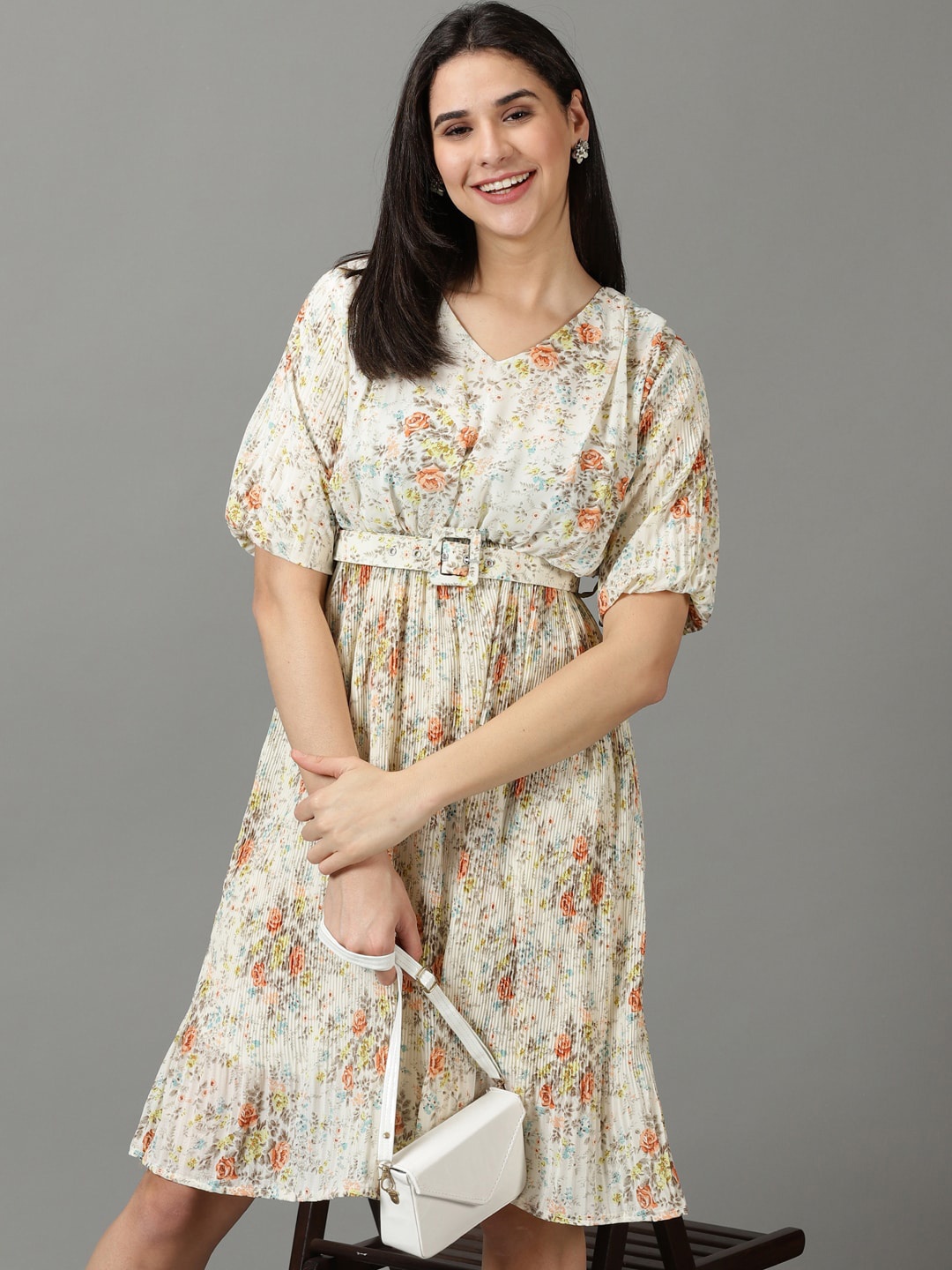 

SHOWOFF V-Neck Floral Printed Chiffon Fit and Flare Dress With Belt, Off white
