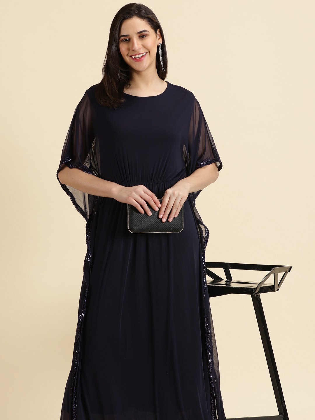 

SHOWOFF Round Neck Sequined Net Maxi Kaftan Dress, Navy blue