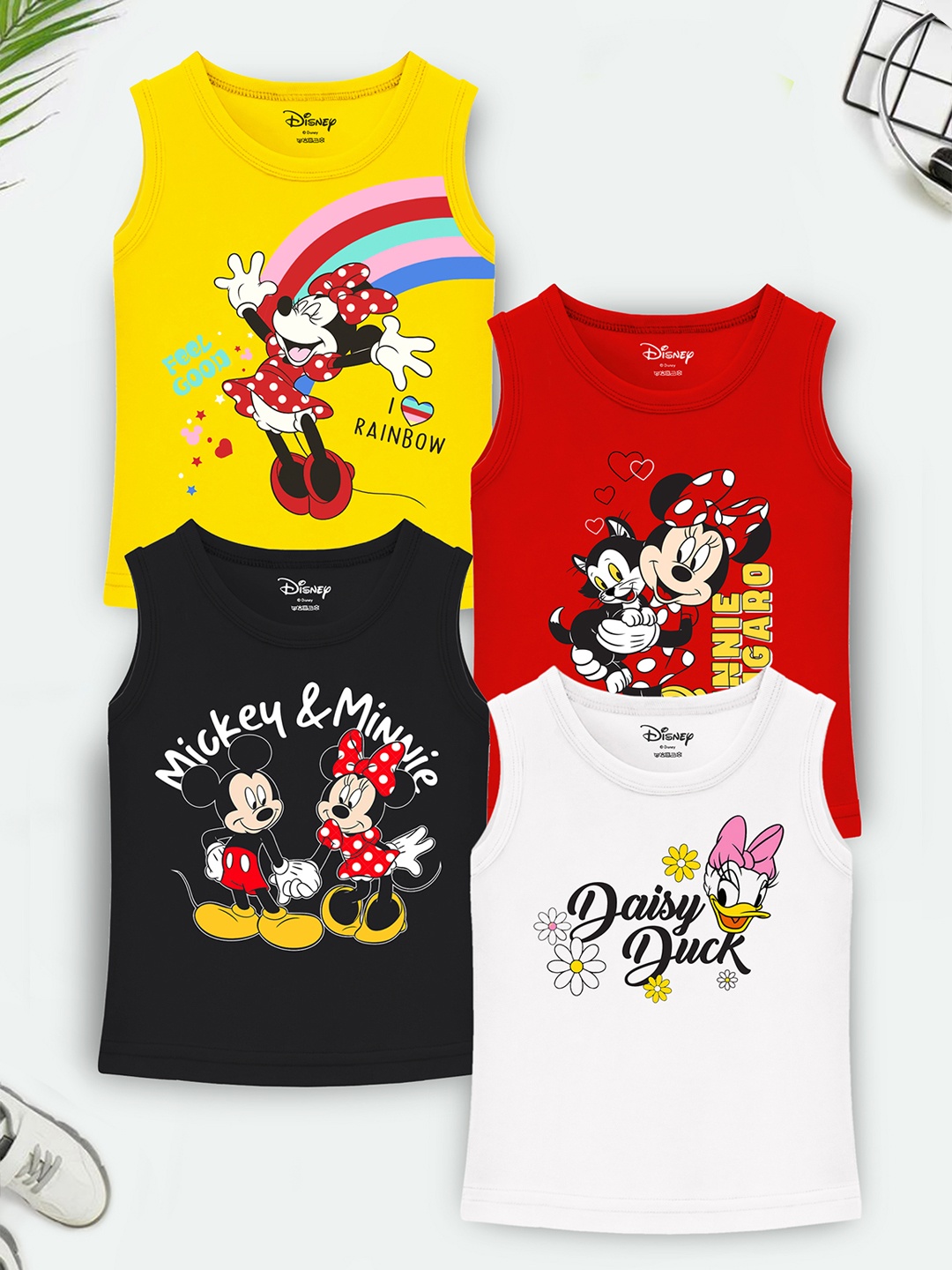 

YK Disney Girls Pack Of 4 Minnie & Daisy Printed Cotton T-shirt, Black