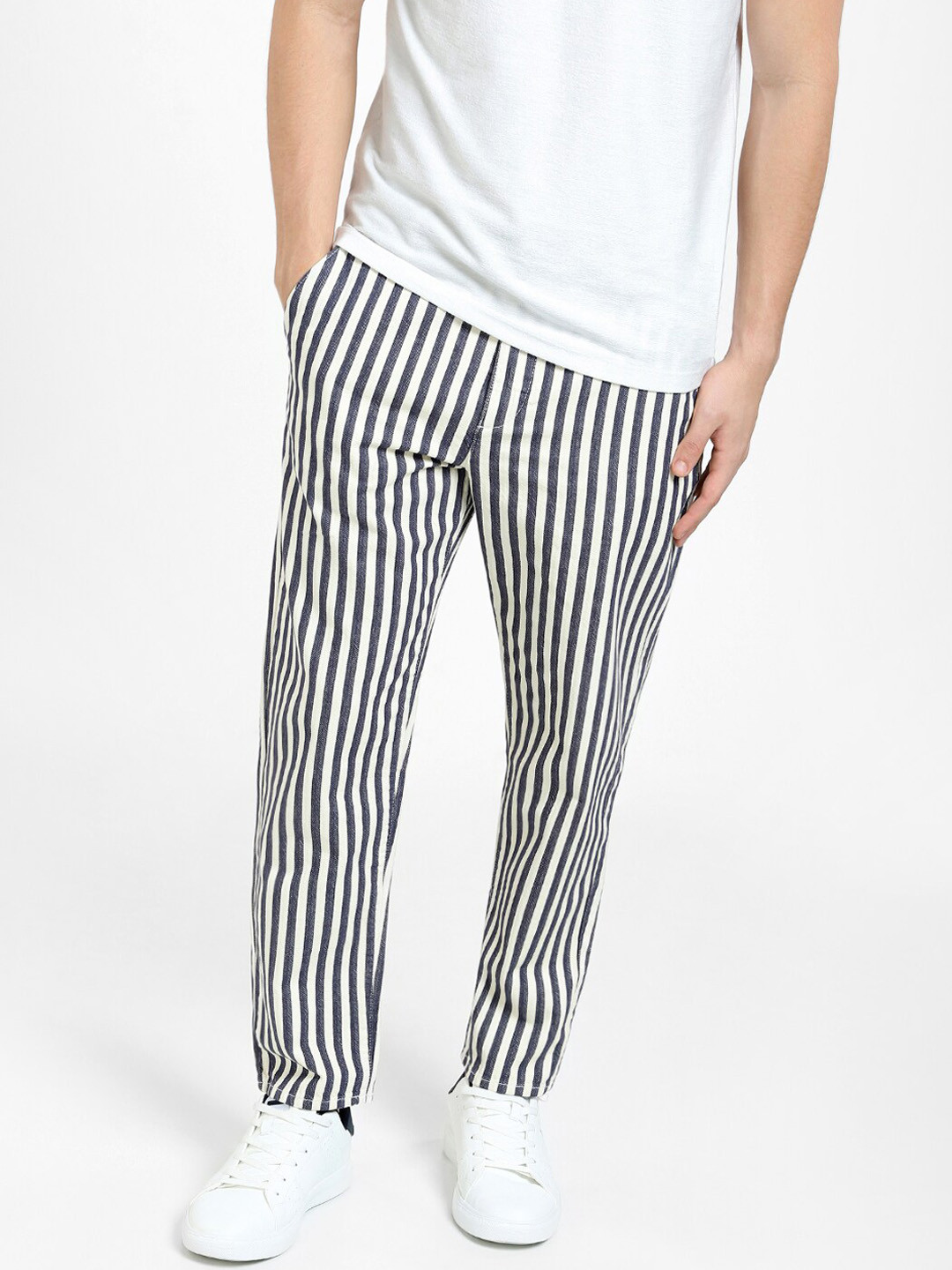 

Jack & Jones Men Striped Mid-Rise Cotton Trousers, White
