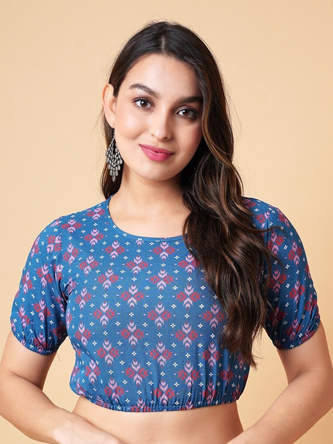 

DAEVISH Geometric Printed Regular Liva Crop Top, Blue