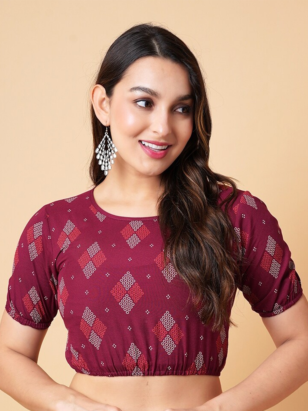 

DAEVISH Geometric Printed Puff Sleeves Crop Top, Maroon