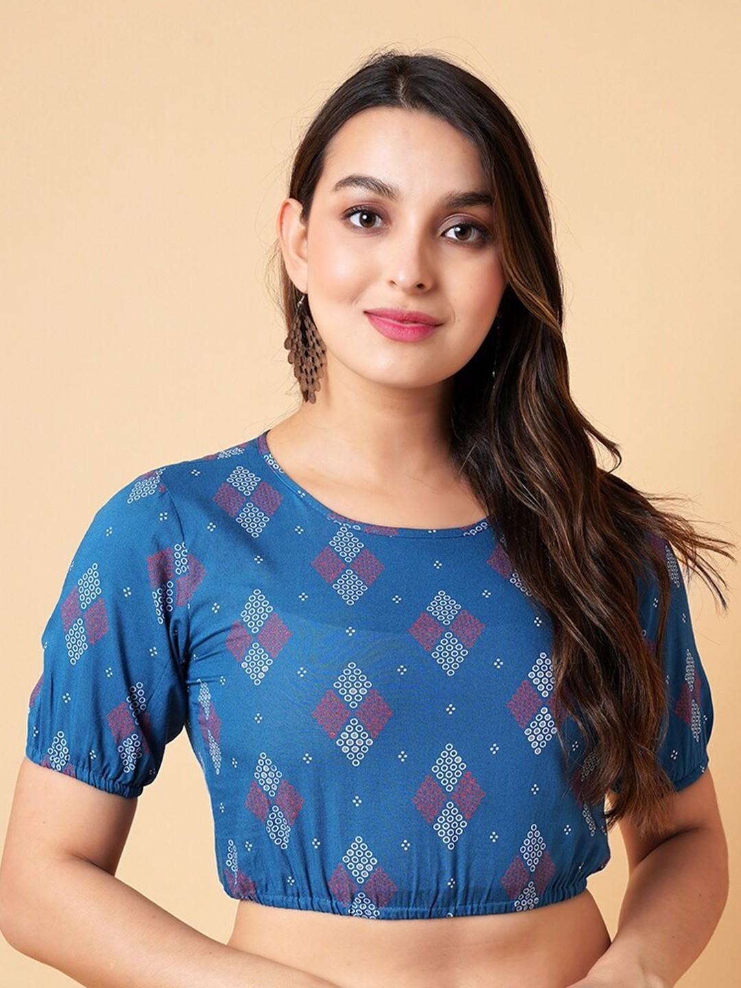 

DAEVISH Geometric Printed Regular Liva Crop Top, Blue