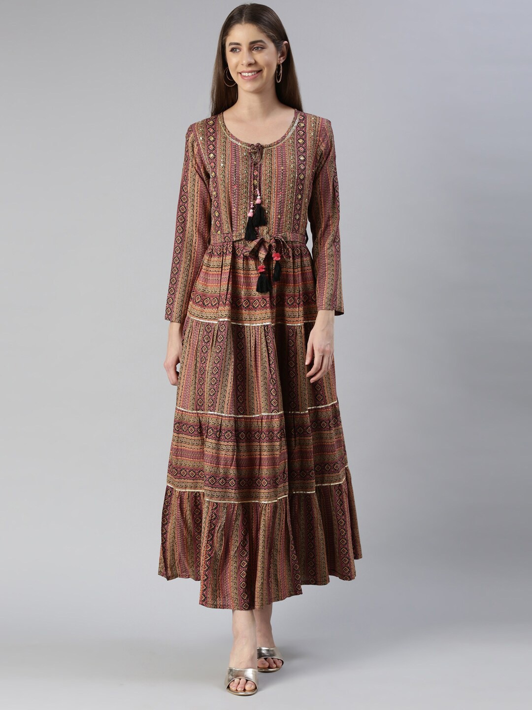 

Neerus Ethnic Motifs Print Maxi Dress, Brown