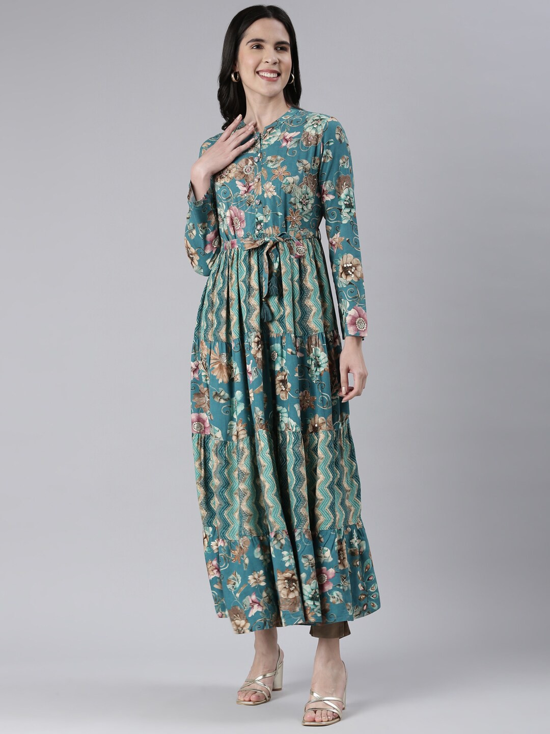 

Neerus Mandarin Collar Floral Print Maxi Ethnic Dress, Green