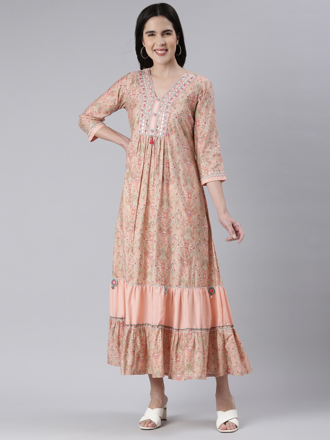 

Neerus Ethnic Motifs Print Maxi Ethnic Dress, Peach