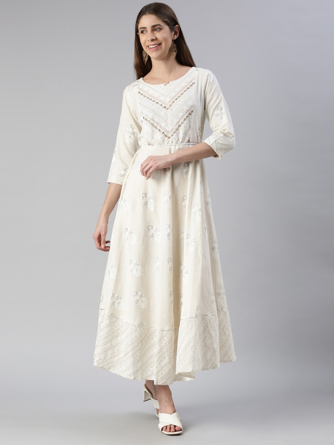 

Neerus Round Neck Floral Printed Sequined A-Line Ethnic Dress, Cream