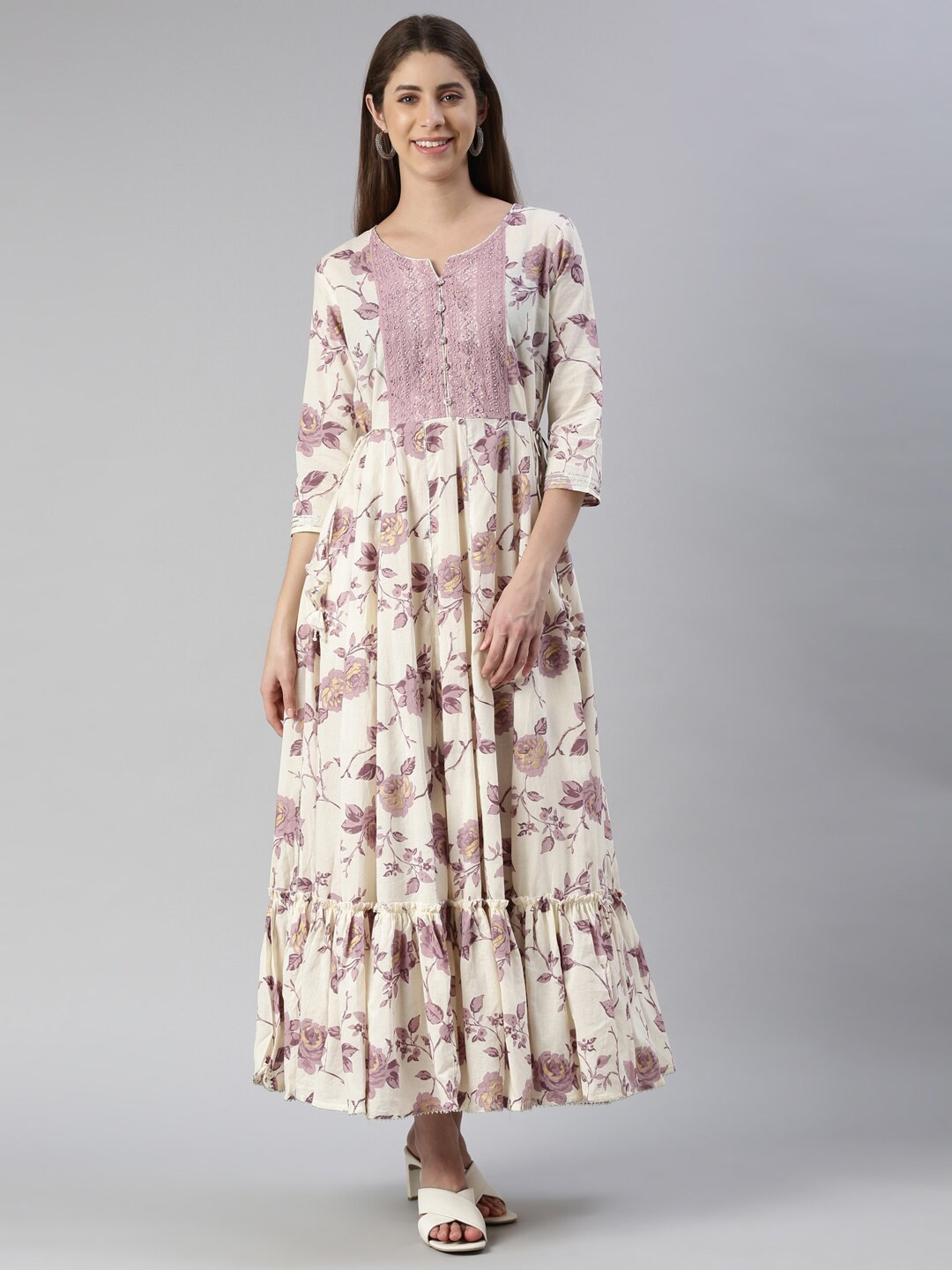 

Neerus Notch Neck Floral Printed Cotton Maxi Dress, Purple