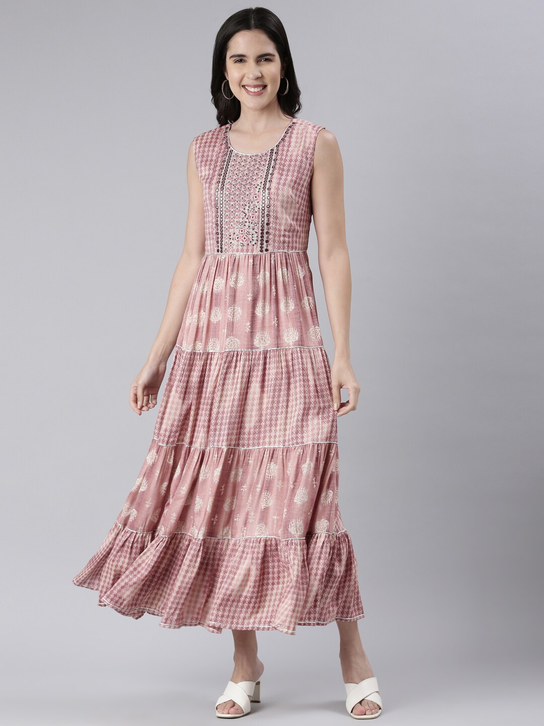 

Neerus Ethnic Motifs Print Maxi Midi Ethnic Dress, Pink