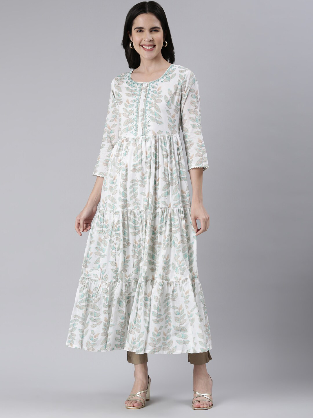 

Neerus Floral Print Maxi Ethnic Dress, Green