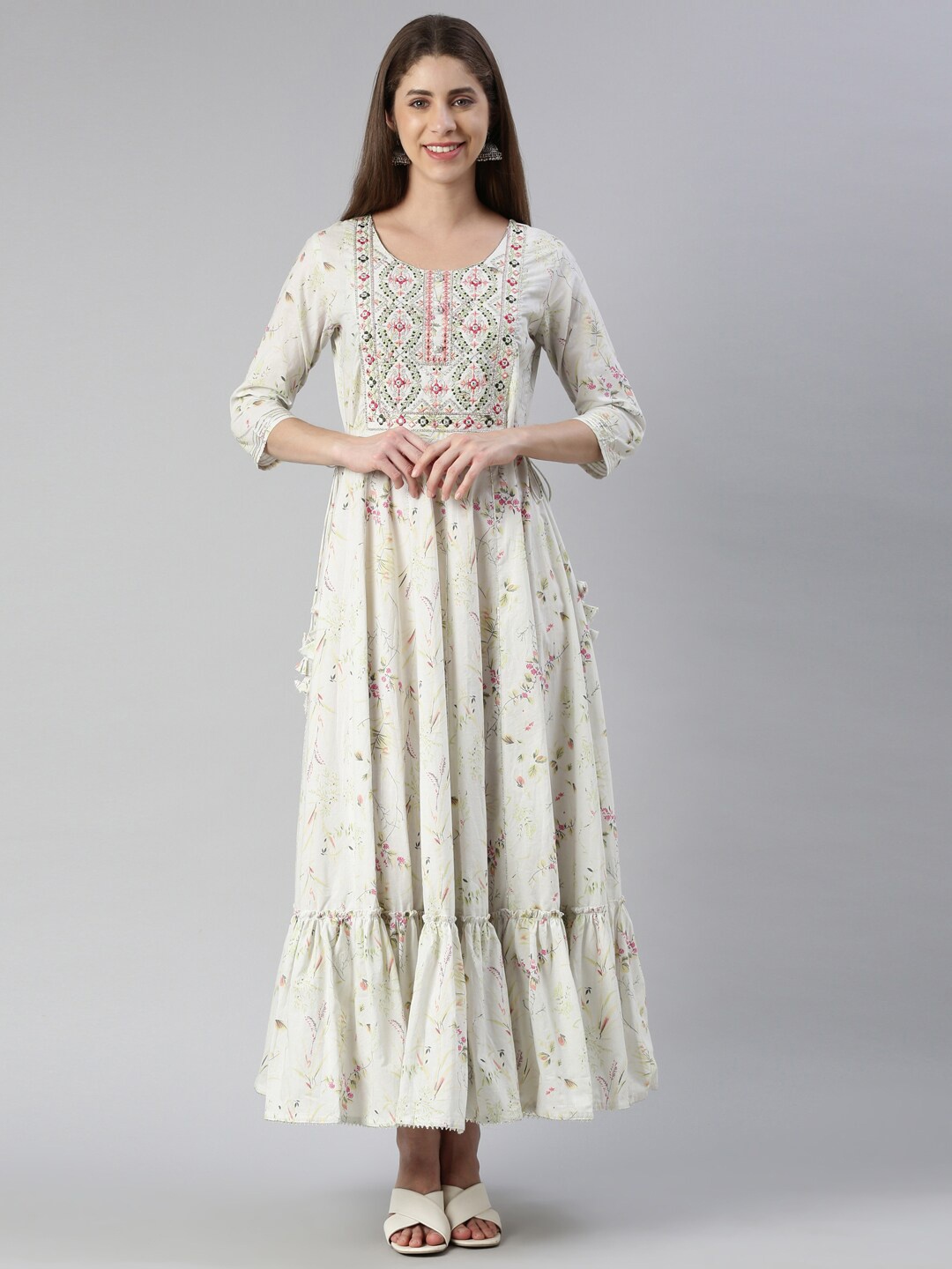 

Neerus Floral Print Maxi Ethnic Dress, Off white