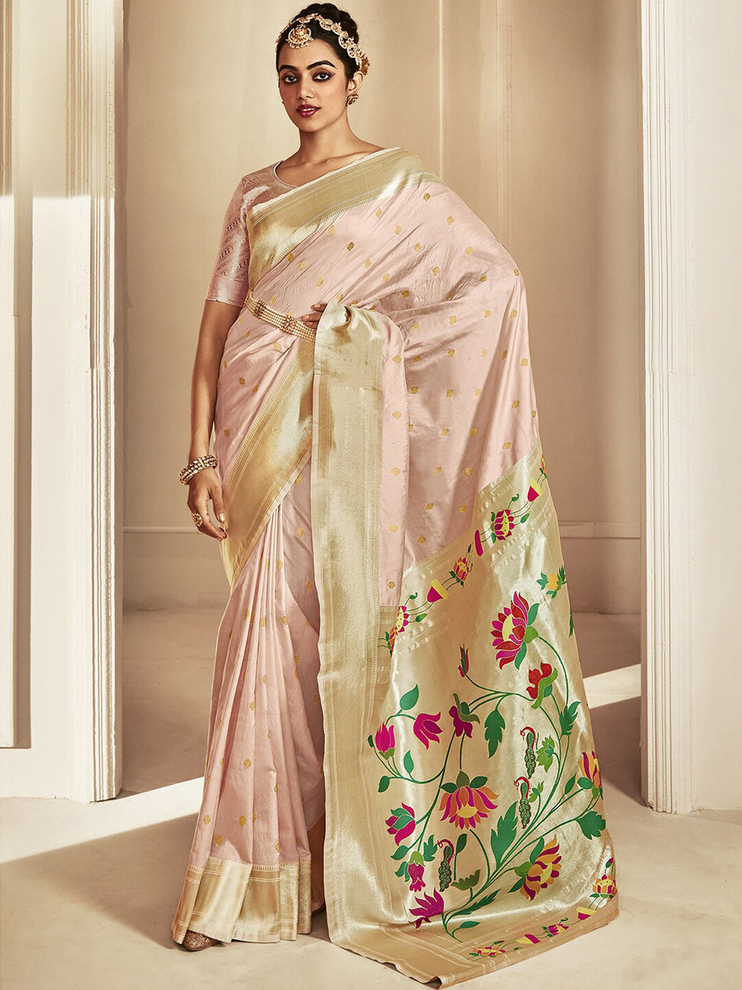 

Satrani Ethnic Motif Woven Design Zari Banarasi Saree, Pink