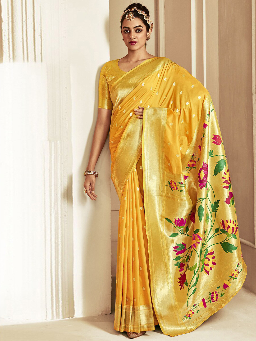 

Satrani Yellow & Green Woven Design Zari Banarasi Saree