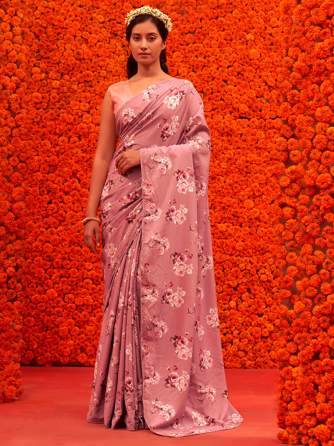 

Mitera Peach-Coloured Floral Printed Saree