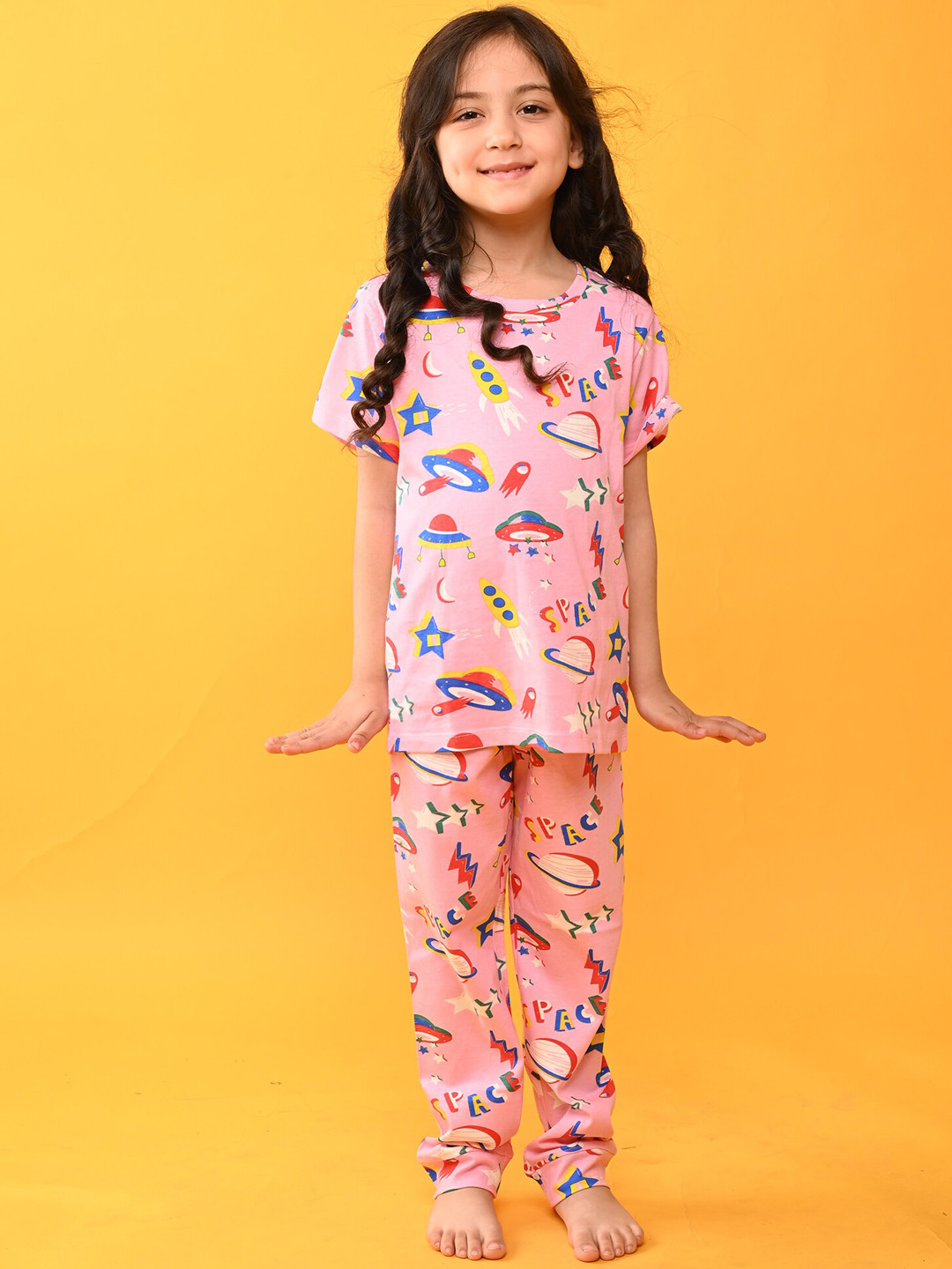 

Anthrilo Girls Conversational Printed Pure Cotton Night Suit, Pink