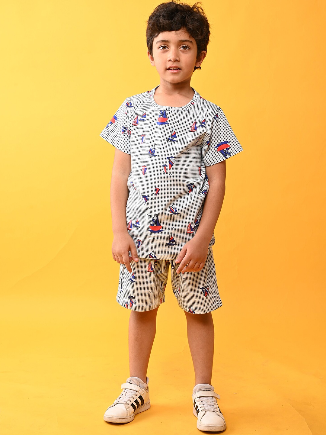

Anthrilo Boys Printed Relaxed Comfort-Fit Pure Cotton T-shirt with Shorts, Navy blue