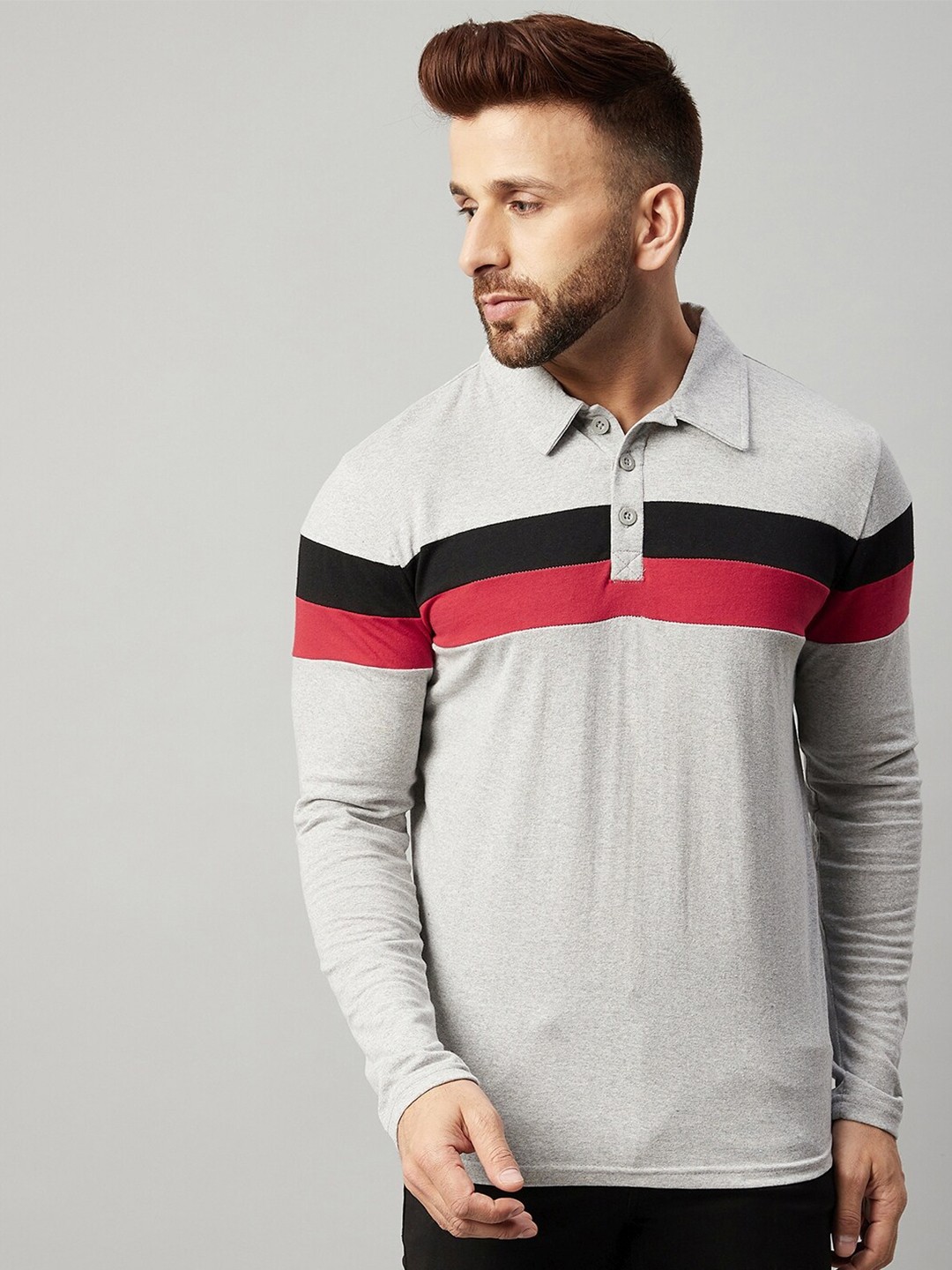 

GRITSTONES Striped Polo Collar Long Sleeve Cotton T-shirt, Grey melange