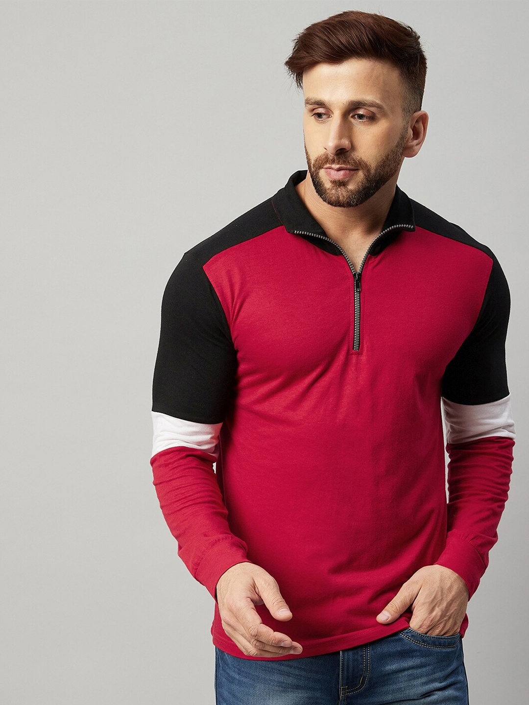 

GRITSTONES Colourblocked Polo Collar Long Sleeve Cotton T-shirt, Maroon