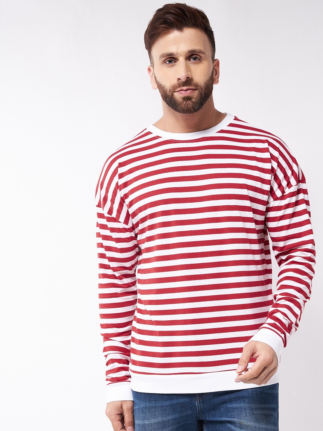 

GRITSTONES Striped Drop-Shoulder Cotton Oversize Fit T-shirt, Red