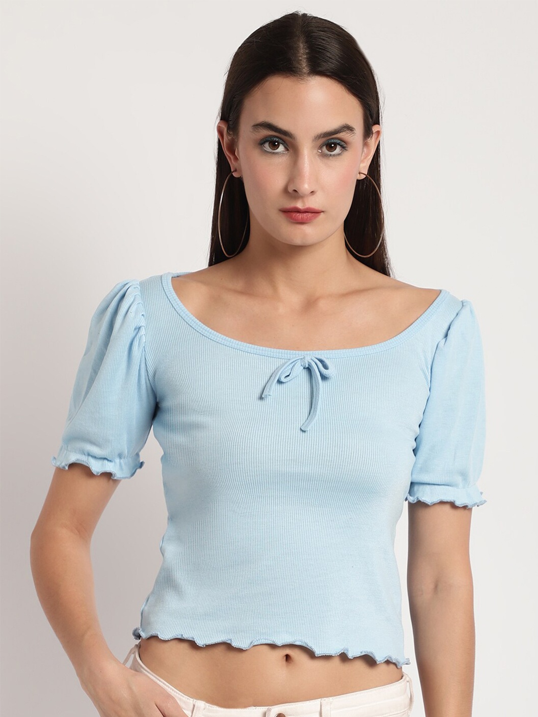 

Miaz Lifestyle Puff Sleeves Scoop Neck Cotton Top, Blue