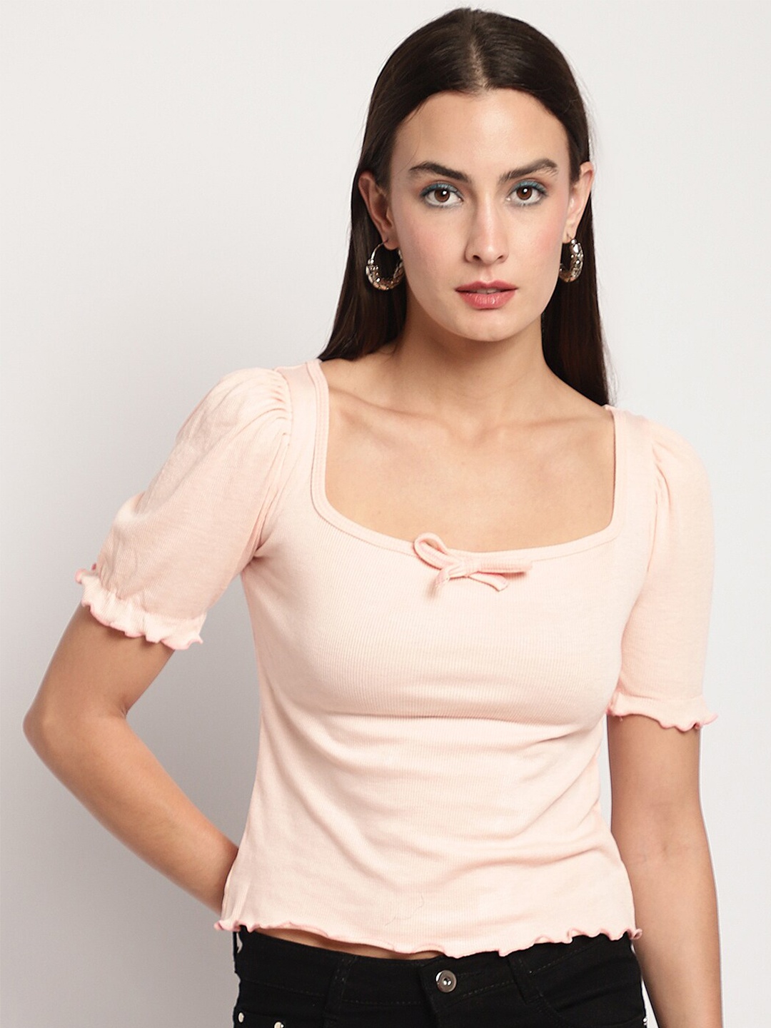 

Miaz Lifestyle Puff Sleeves Square Neck Cotton Top, Peach