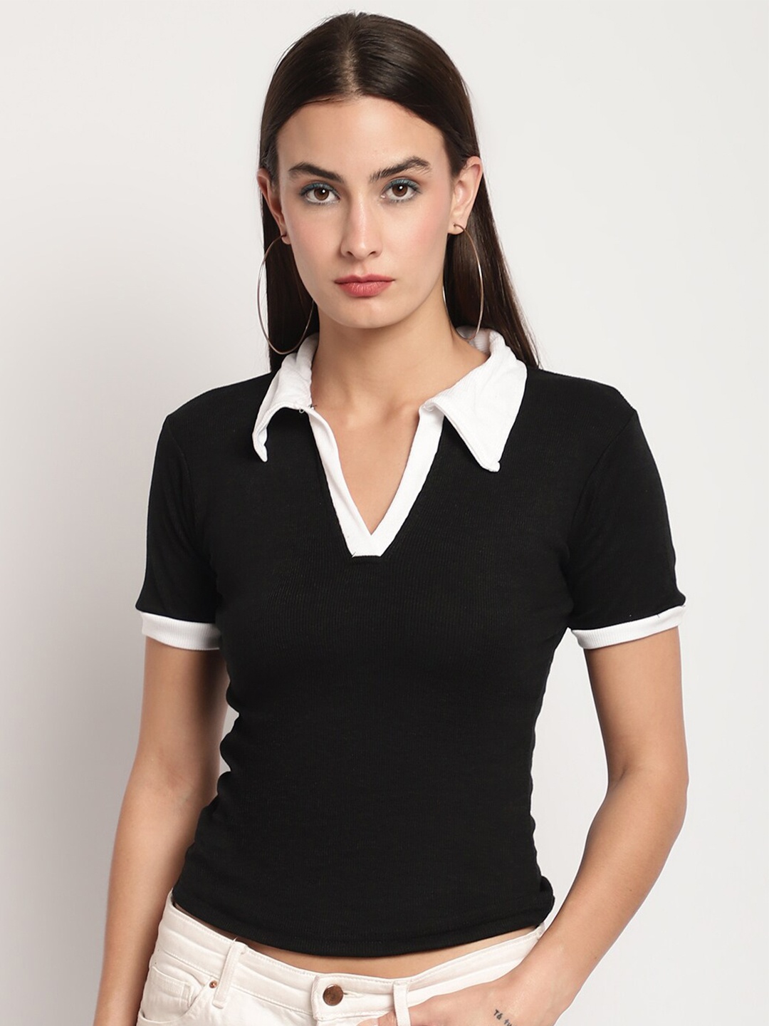 

Miaz Lifestyle Shirt Collar Short Sleeves Cotton Top, Black