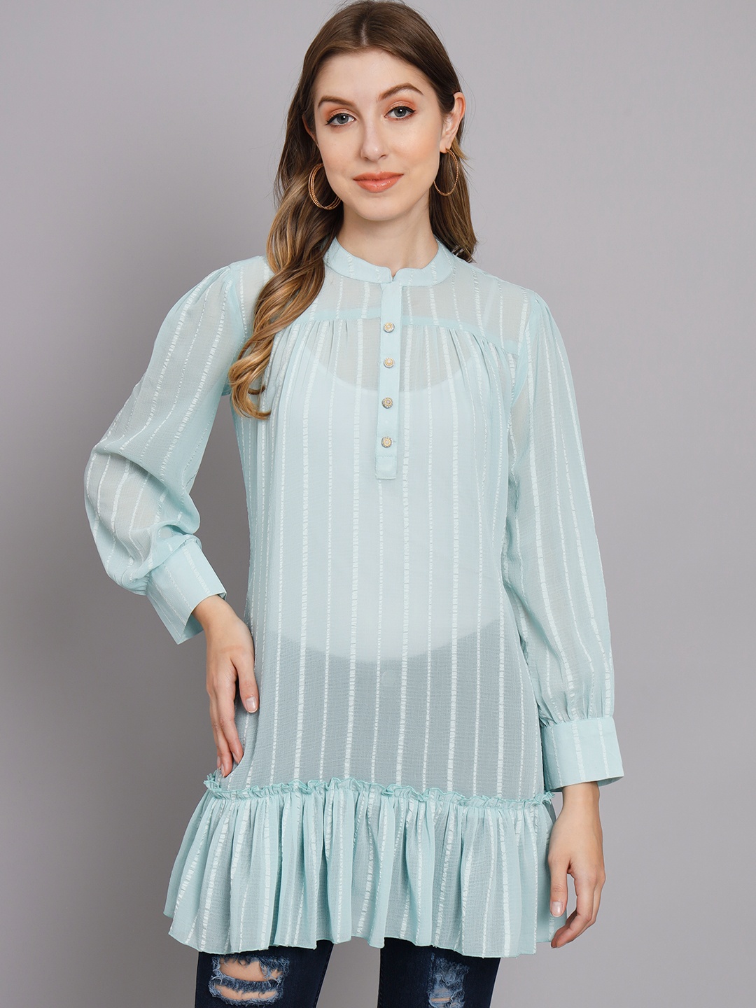 

Nehamta Turquoise Blue Striped Puff Sleeve Chiffon Tunics