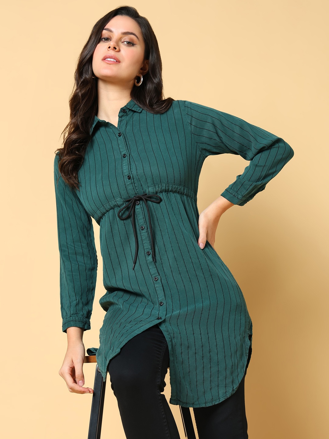 

SHOWOFF Striped Cotton Waist Tie-Up Shirt Style Tunic, Green