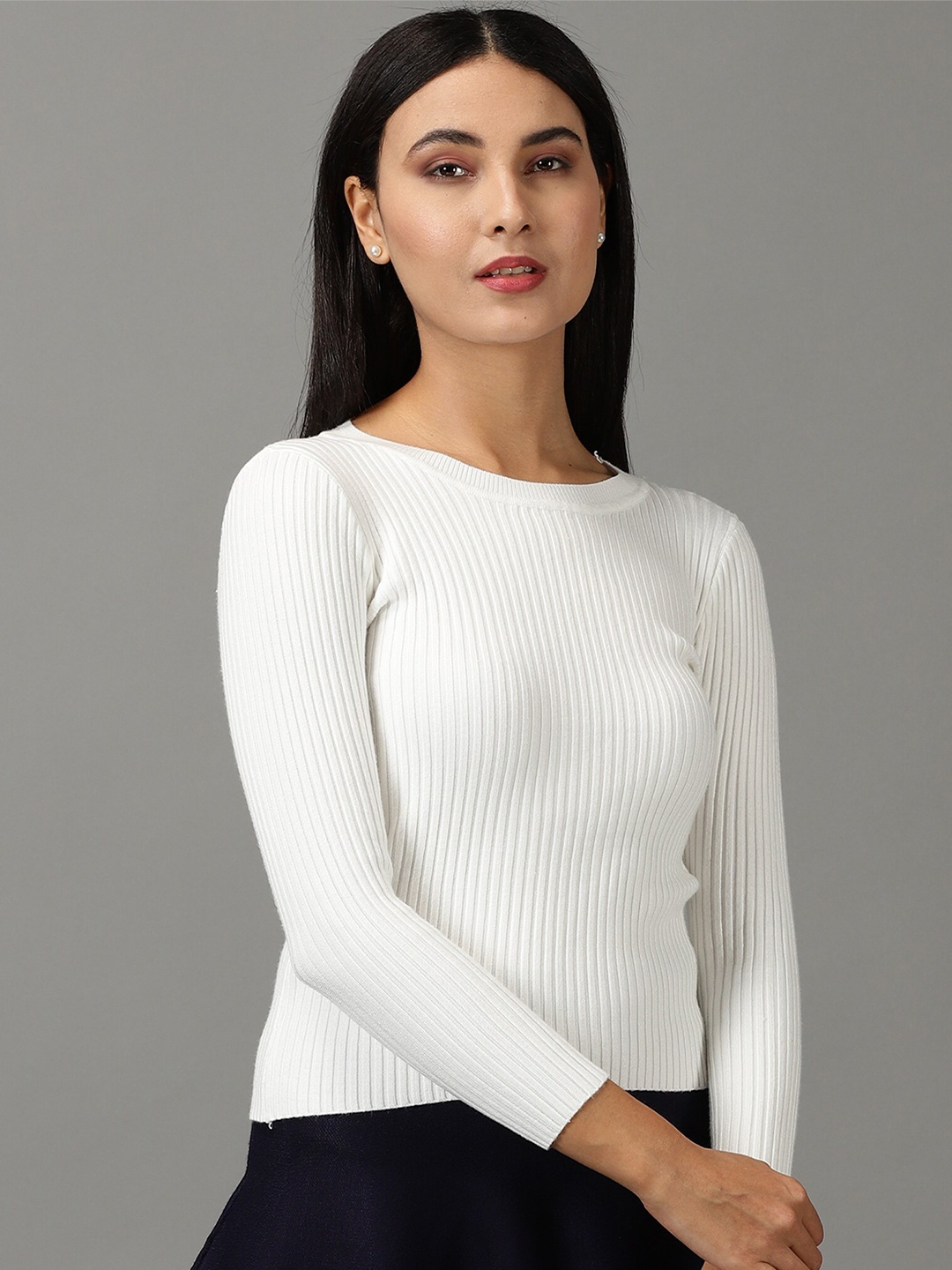 

SHOWOFF Round Neck Three-Quarter Sleeves Fitted Knitted Top, White