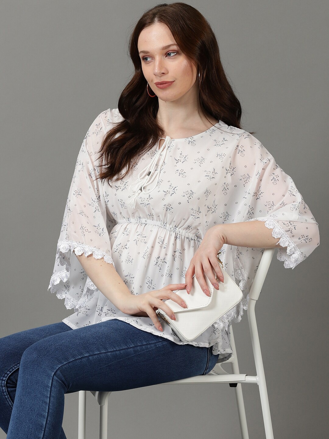 

SHOWOFF Floral Printed Georgette Kaftan Top, White