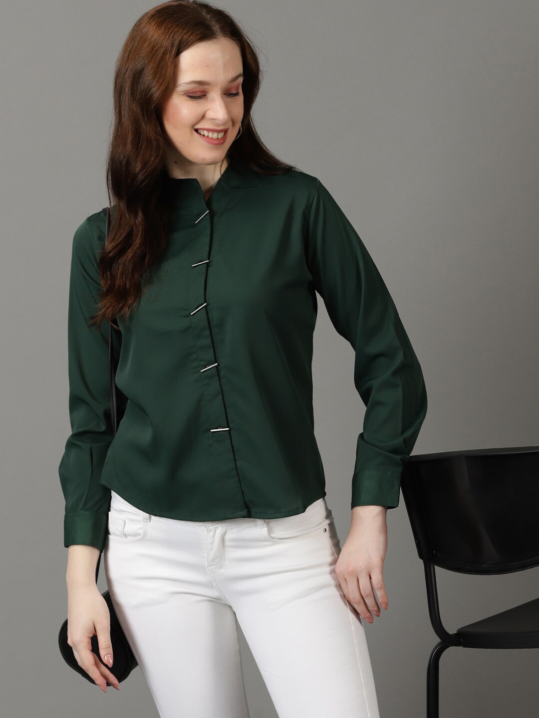 

SHOWOFF High Neck Cuffed Sleeves Shirt Style Top, Green