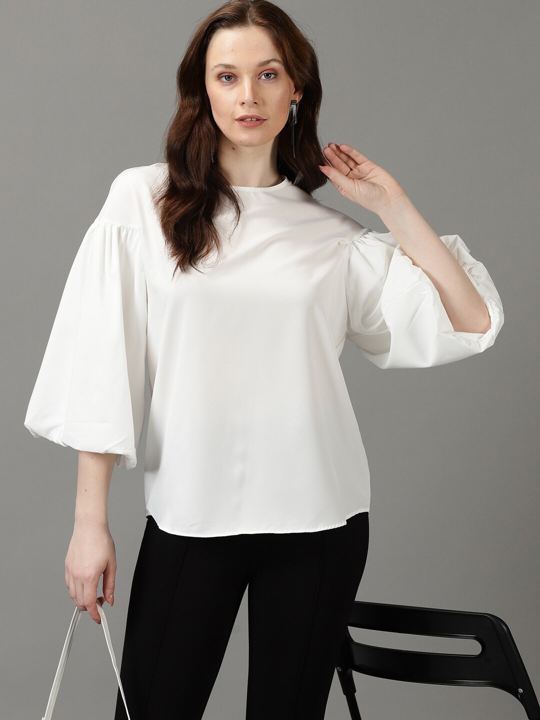 

SHOWOFF Drop-Shoulder Puff Sleeves Round Neck Top, White