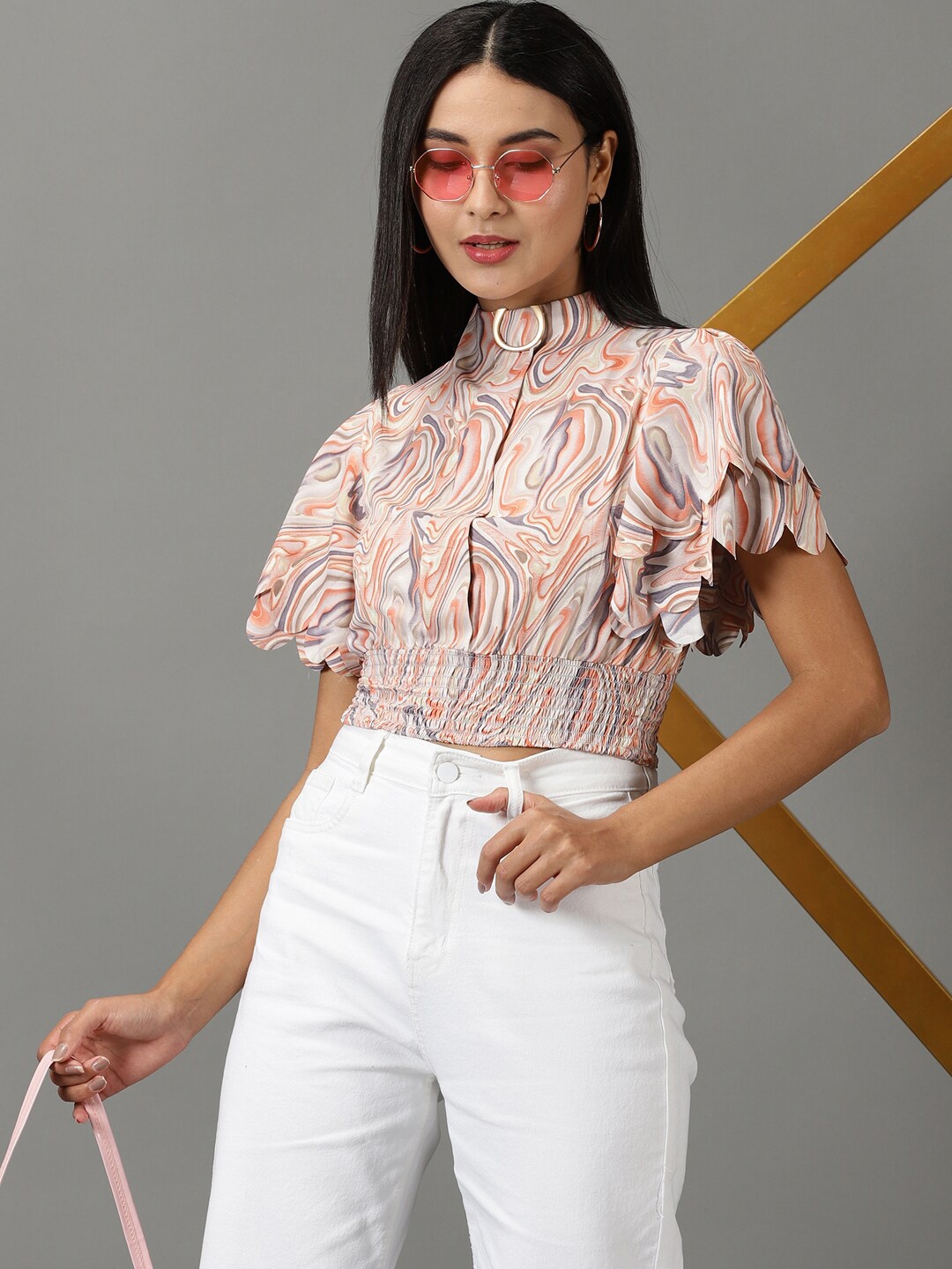 

SHOWOFF Abstract Printed High Neck Flared Sleeves Smocked Blouson Crop Top, Peach