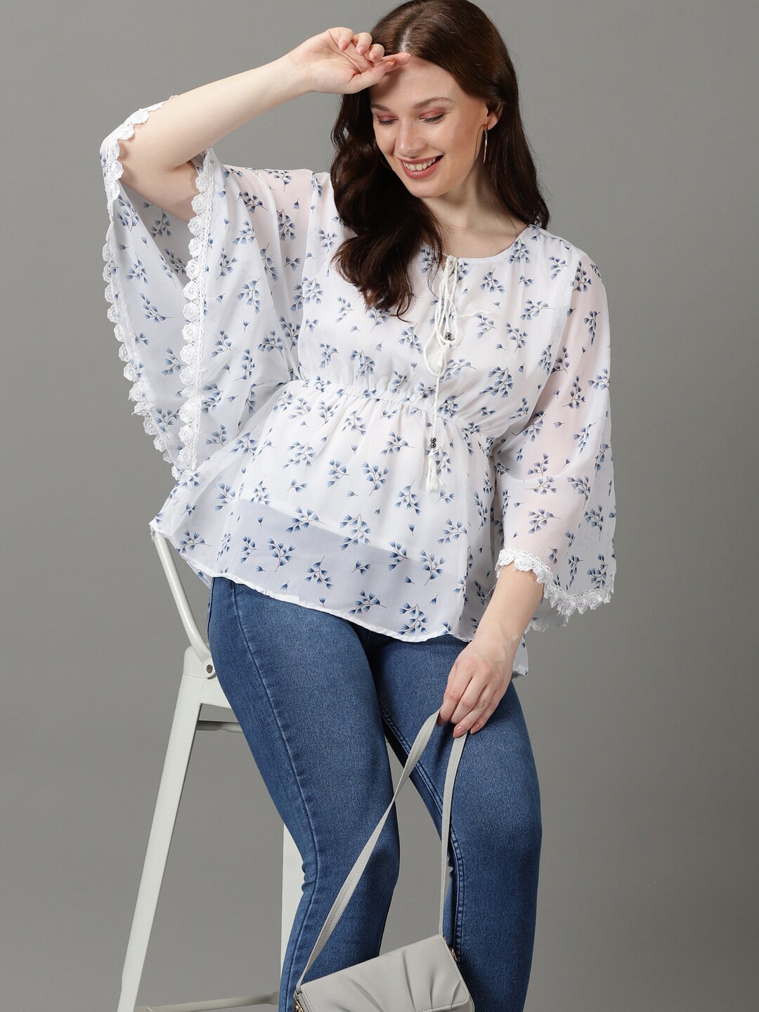 

SHOWOFF Floral Printed Tie-up Neck Flared Sleeves Georgette Kaftan Top, White