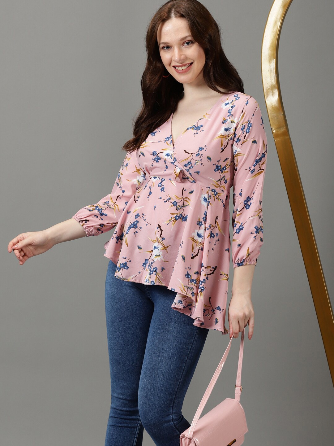 

SHOWOFF Floral Printed Asymmetrical Hem Bishop Sleeve Wrap Top, Pink