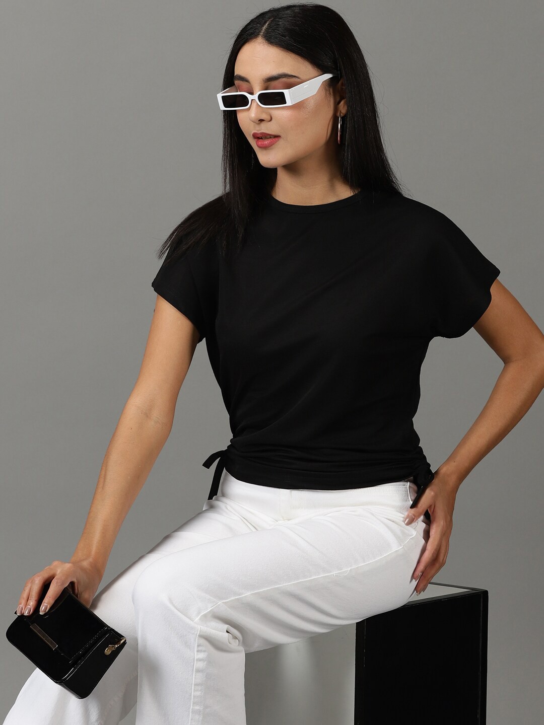 

SHOWOFF Round Neck Extended Sleeves Ruched Top, Black