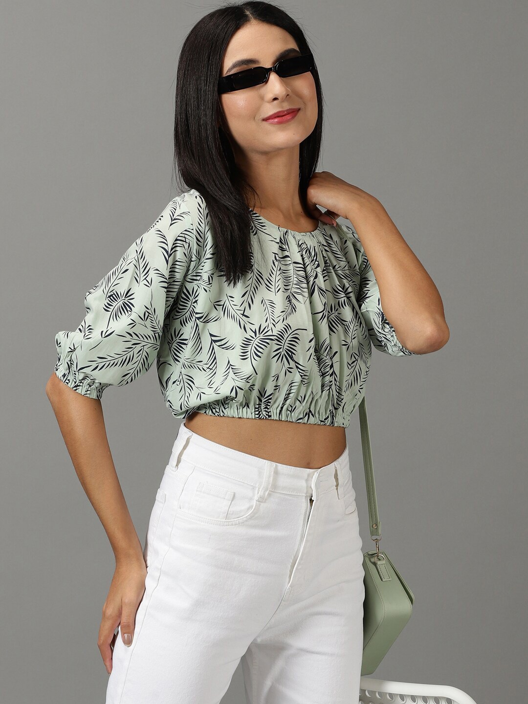 

SHOWOFF Tropical Printed Puff Sleeves Blouson Crop Top, Sea green