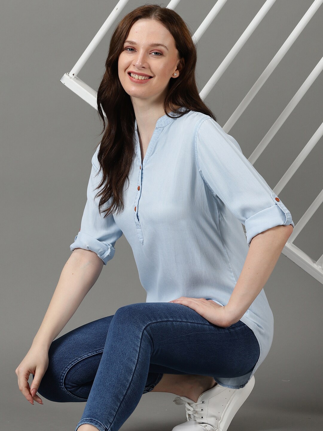 

SHOWOFF Mandarin Collar Roll-Up Sleeves Cotton Shirt Style Top, Blue