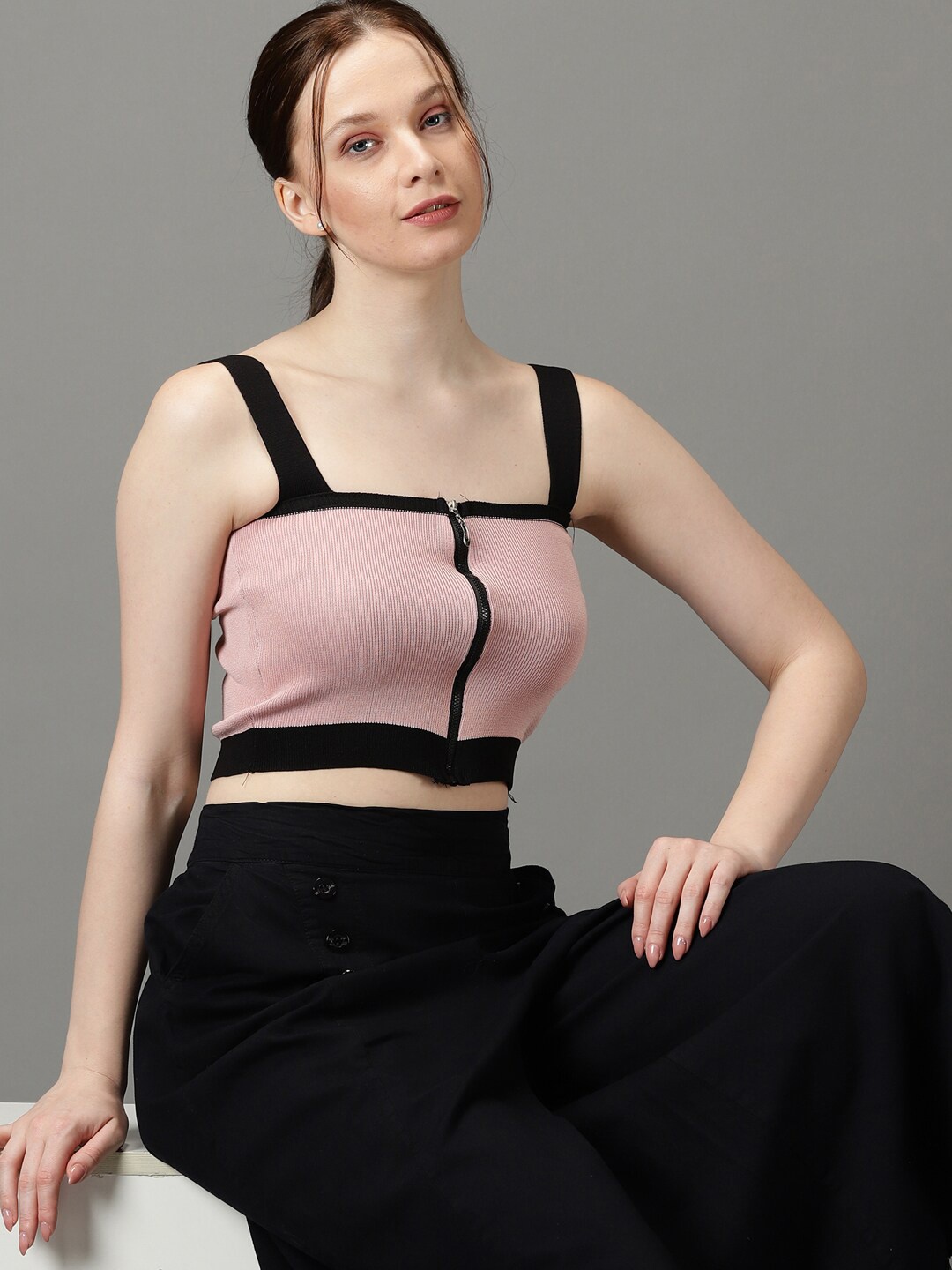 

SHOWOFF Colourblocked Shoulder Straps Cotton Crop Top, Pink