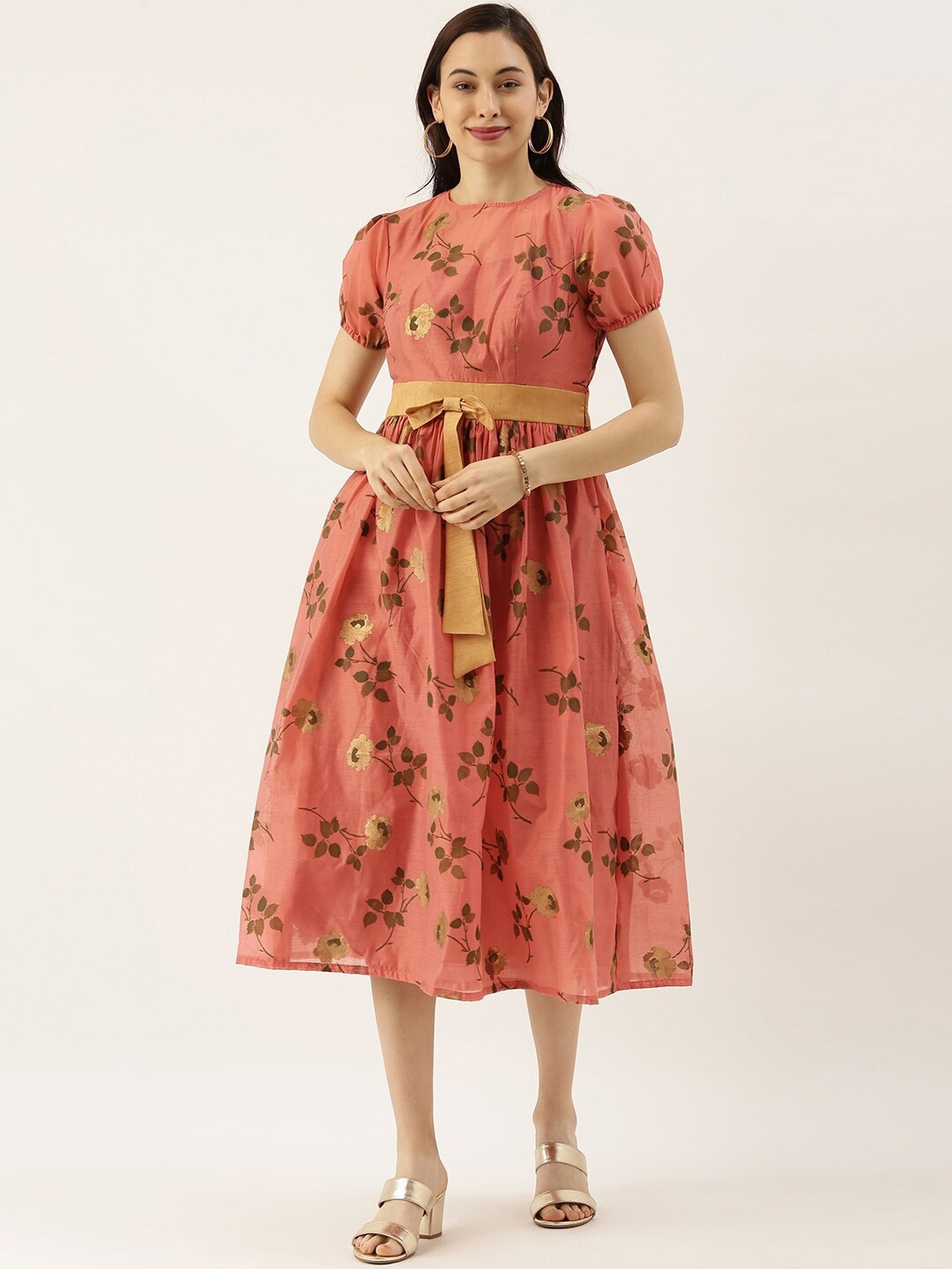 

Ethnovog Floral Printed Puff Sleeve Chanderi Silk Fit & Flare Midi Dress, Pink