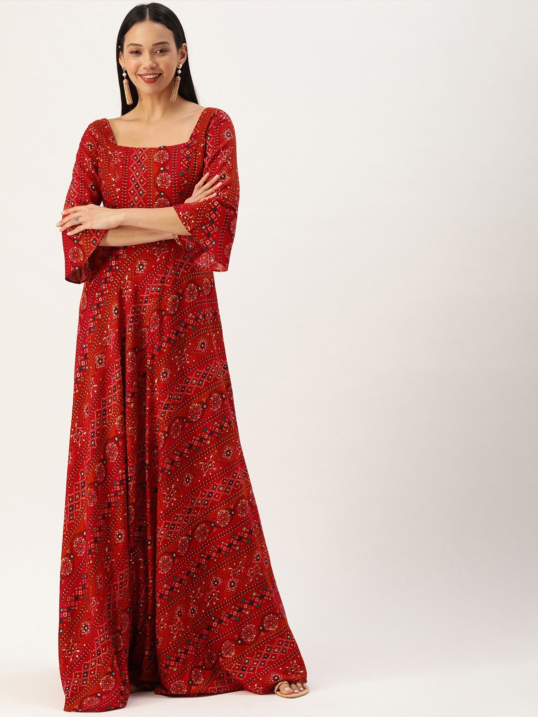 

Ethnovog Ethnic Motifs Print Maxi Ethnic Dress, Red