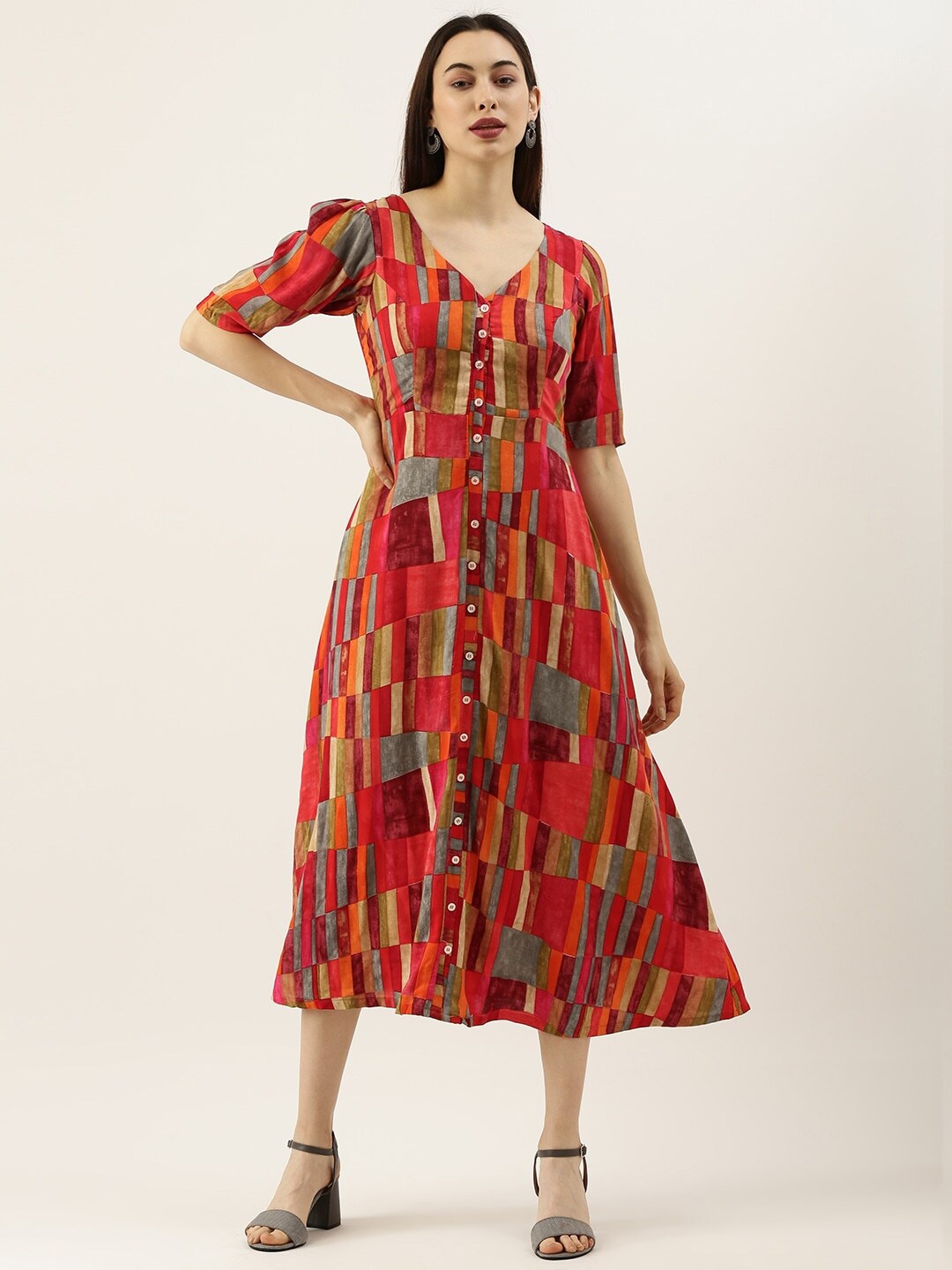

Ethnovog Geometric Printed A-Line Midi Dress, Red