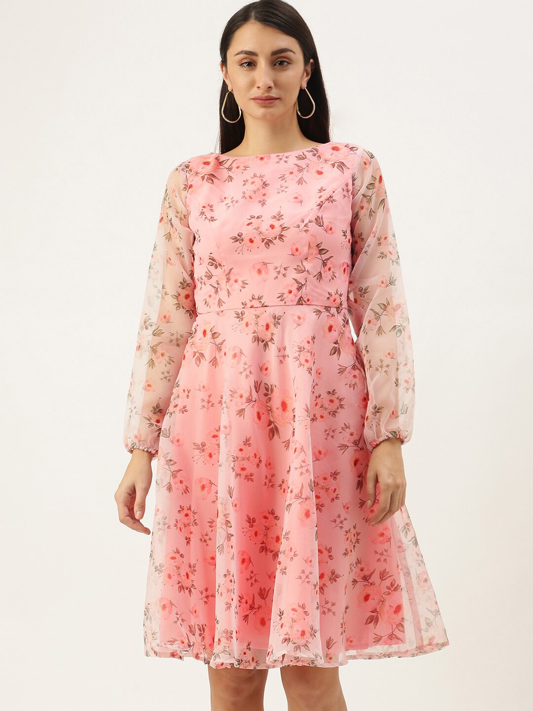 

Ethnovog Floral Print Puff Sleeve Fit & Flare Midi Dress, Pink